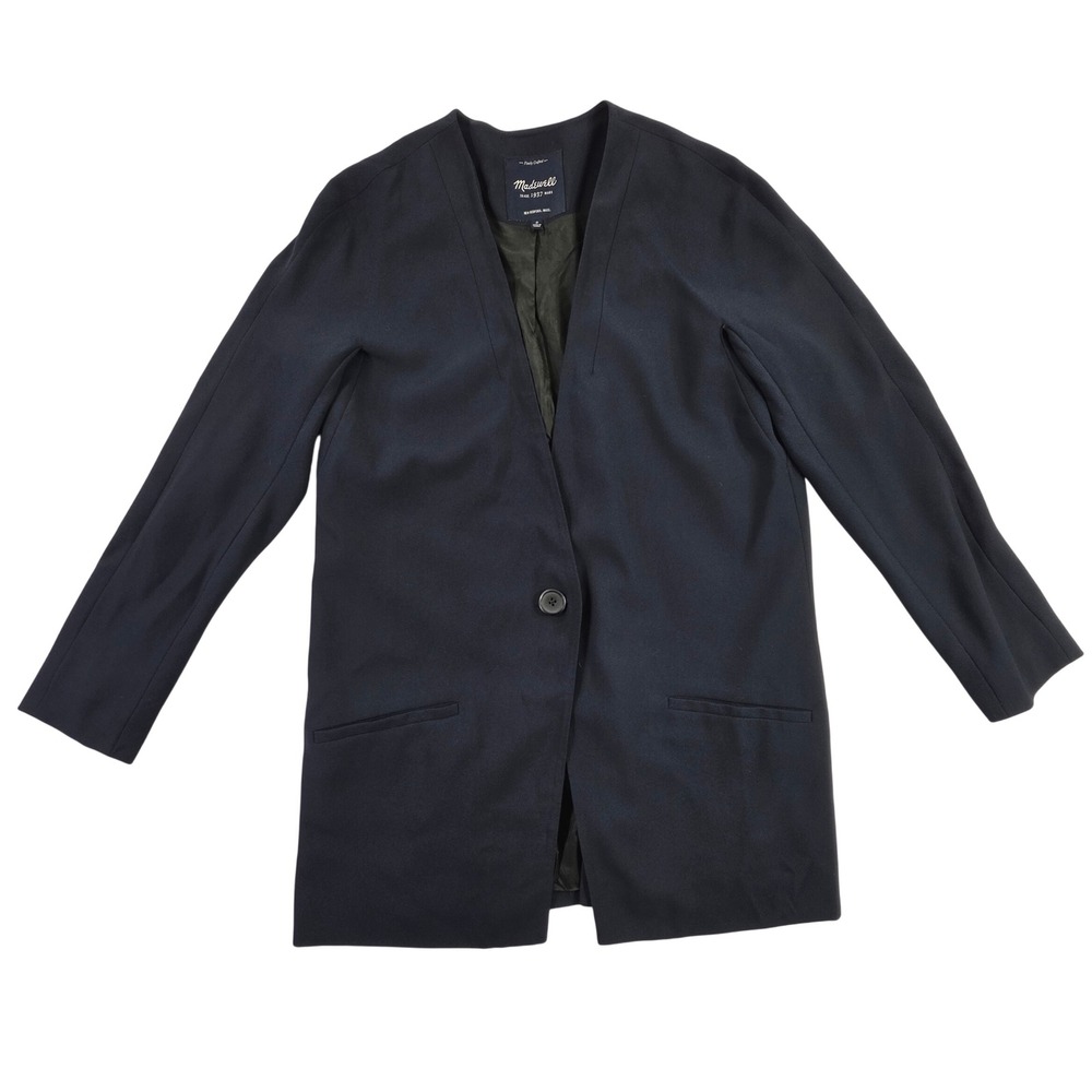 Madewell Navy Blue Collarless Crepe Blazer Single Button Jacket EUC Women Size 0